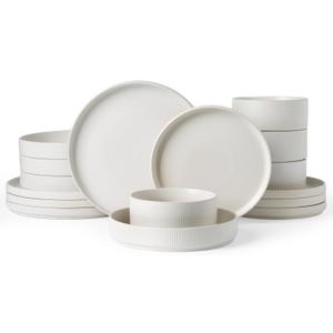 Famiware Star Dinnerware Set with Pasta Bowls, Service for 4 (16pcs), Ribbed Stoneware Plates and Double Bowls Dishes Sets - Chip & Scratch Resistant, Microwave & Dishwasher Safe, Matte White