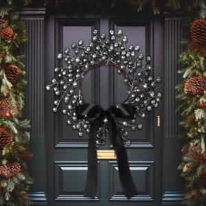 13 Inch Black Christmas Wreath Berry Black Silver Christmas Decoration with Large Bow Party Front Door Decorative Shatterproof Hanging Xmas Decors
