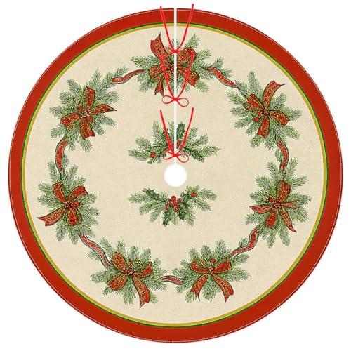 Christmas Tree Skirt 36 Inch, Wreath Pine Ribbon Vintage Garland Xmas Tree Skirt Christmas Tree Mat for Home Party Holiday Indoor Outdoor Decorations