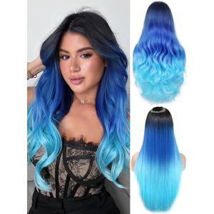 HANNE Long Blue Wavy Wigs for Women 26 Inch Middle Part Blue Ombre Wig Body Wave Long Curly Synthetic Wig Heat Resistant Black and Blue Wigs Colorful Hair Wigs for Women (Ombre Blue)