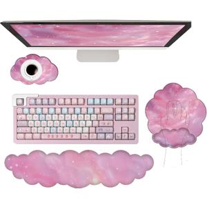 Cloud Keyboard Wrist Rest Galaxy Mouse Pad with Wrist Rest Ergonomic Space Wrist Pad Memory Foam Non-Slip Wrist Support for Computer Laptop Gaming Home Office Relief Typing Pain Pink Stars