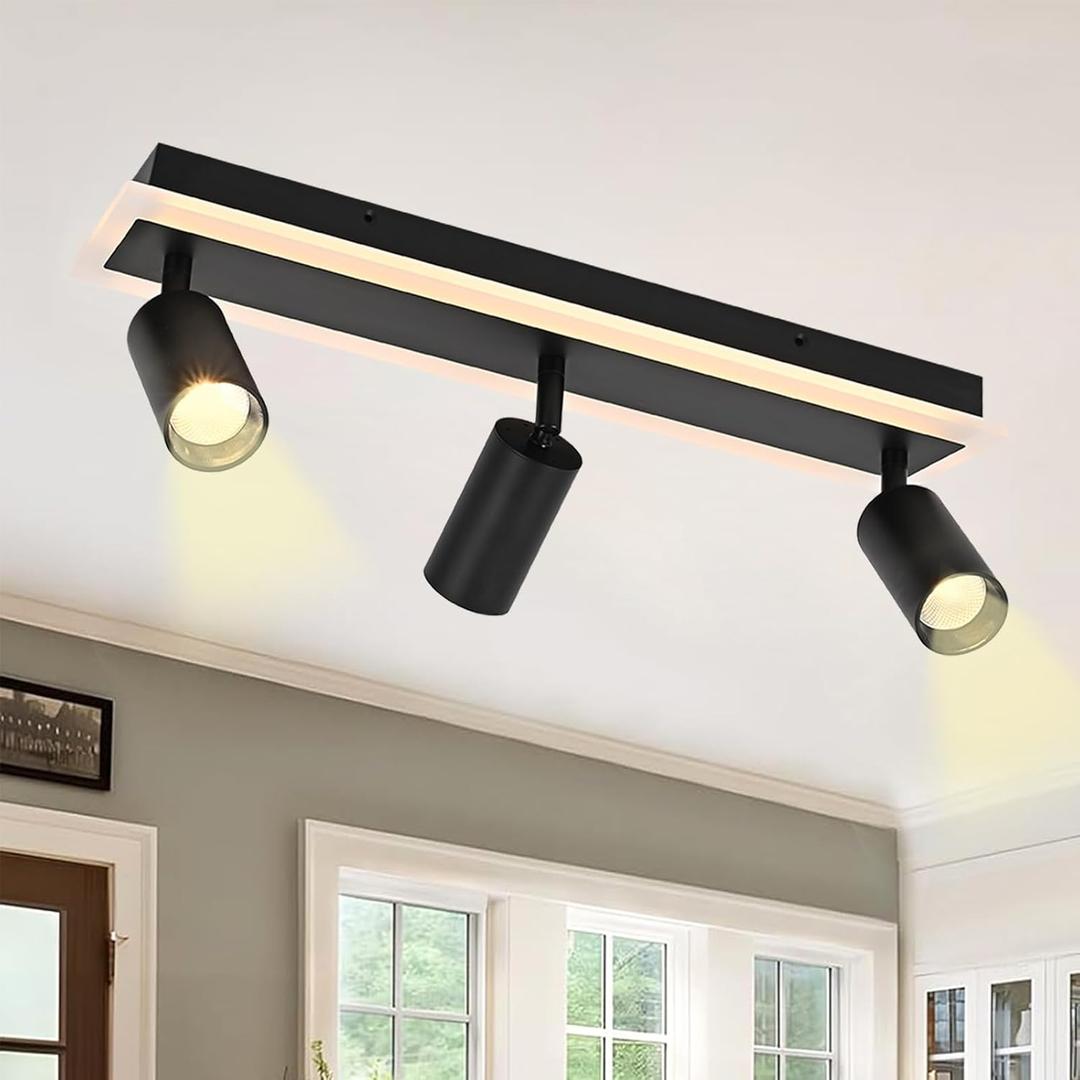 3-Light Track Lighting Fixture Ceiling, Modern LED Adjustable Ceiling Spotlights for Ceiling or Wall Mount, 3000K Kitchen Ceiling Light for Living Room Bedroom Dining Room Hallway Black
