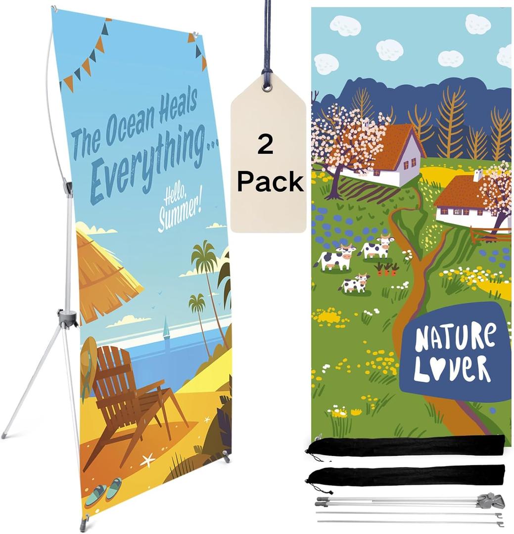 Pack of 2 Reinforced Block Foldable X Banner Stand, Adjustable Tripod 23x63 to 32x71 Inch with 2 Durable Bags for Trade Show Booths, Event Backdrops, Retail Display