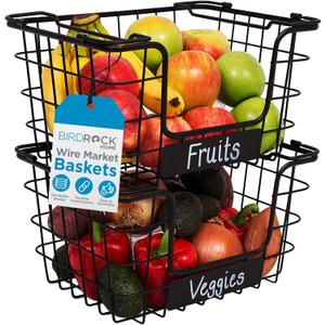 BirdRock Home Stacking Wire Market Baskets with Chalk Label | Set of 2 | Fruit Vegetable Produce Metal Storage Bin for Kitchen Counter | Black