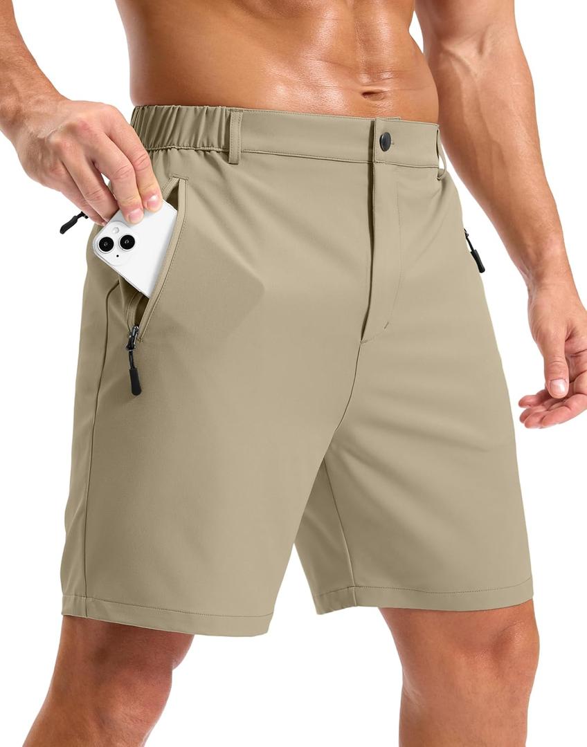 Pudolla Mens Hiking Shorts 5"/ 7"/ 9" Lightweight Quick Dry Casual Golf Shorts for Men Work Fishing with 3 Zipper Pockets(Light Khaki 7 Inseam-XL)