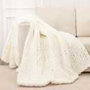 Bigacogo Chunky Knit Throw Blanket for Couch, 80x90 inches, 100% Hand Knitted with Thick Jumbo Chenille Yarn, Cozy Soft Large Rope Knot Cable Crochet Blankets for Sofa Bed Living Room, Ivory