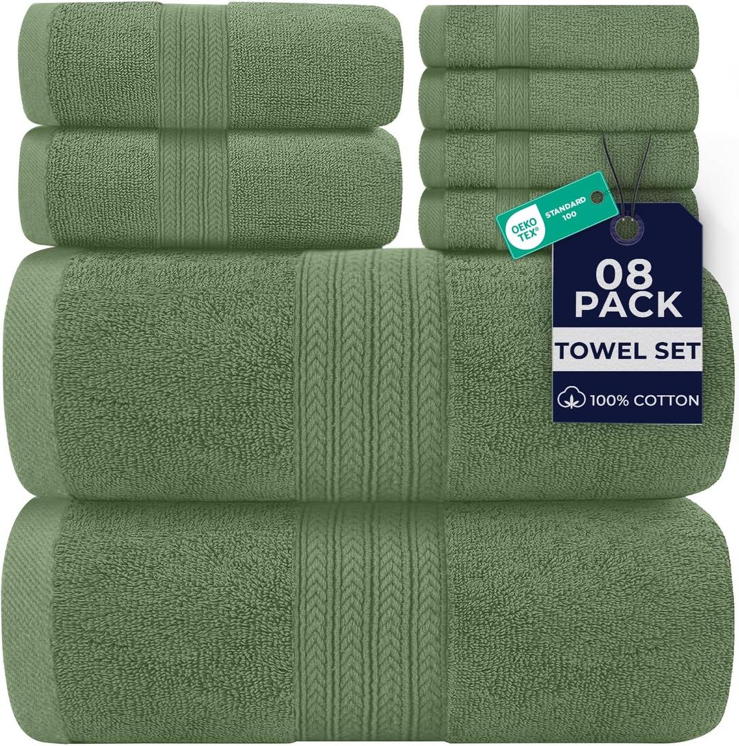 DAN RIVER 8 PC Luxury Bath Towels for Bathroom, 2 Bath, 2 Hand, and 4 Wash Cloths, 600 GSM 100% Ring Spun Cotton Towel Set, Highly Absorbent, Gym, Hotel, and Spa, Sage Green