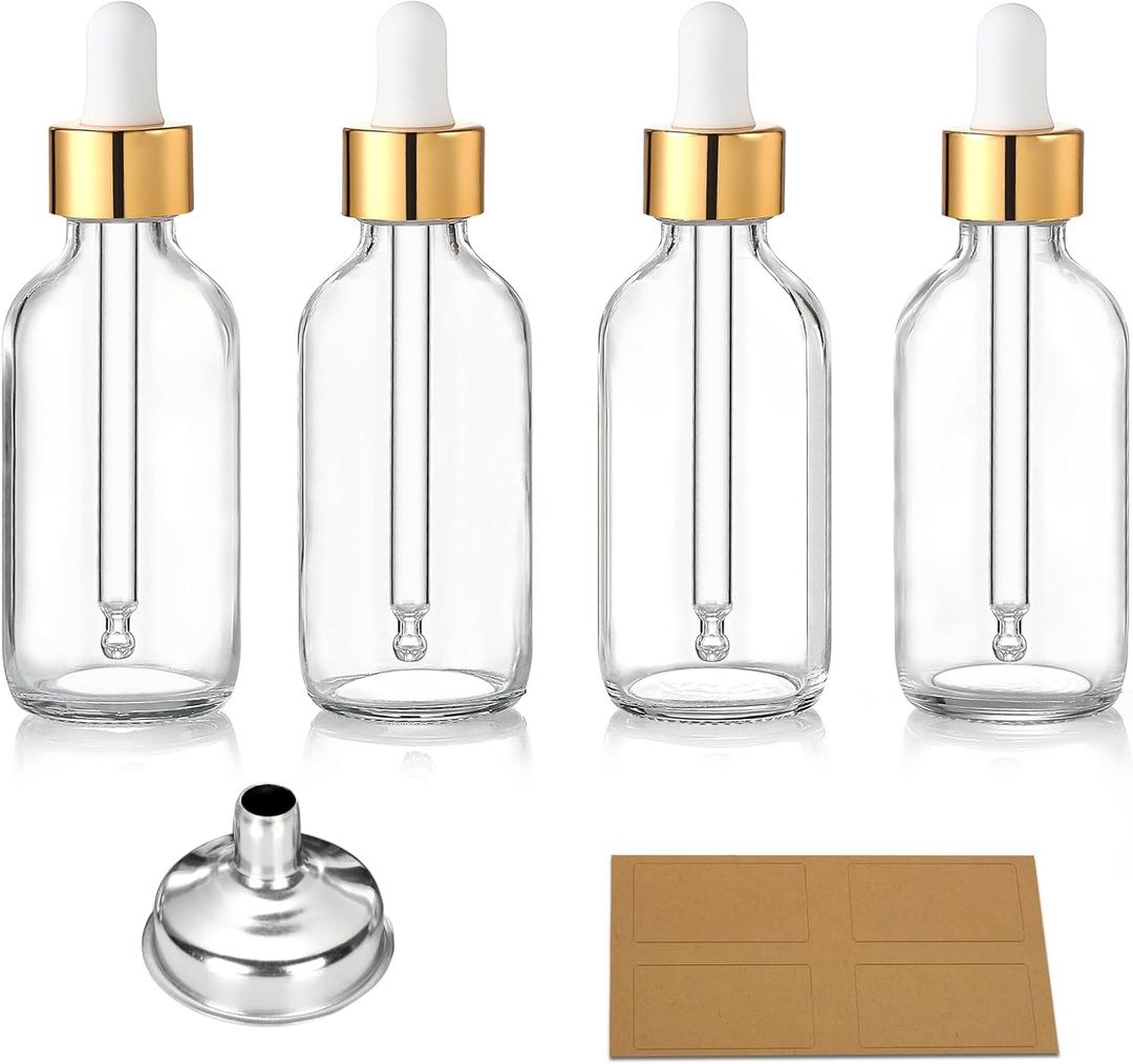 AOZITA Set of 4, 2 oz Golden Cap Clear Dropper Bottles (60ml) with 1 Funnel & 4 Labels - Glass Tincture Bottles for Essential Oils with Eye Droppers - Leak Proof Travel Bottles for Liquids