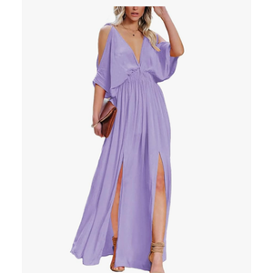 DEEP SELF Women Summer V Neck Cold Shoulder Short Sleeve Maxi Dress High Waist Split Wedding Guest Long Dress. Size Large