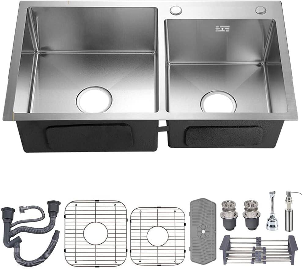Double Bowl Kitchen Bar Sink, 32.3x17.7In Stainlee Steel Drop In Topmount Kitchen Sink with Gift-Soap Dispenser, Faucet Mat, Drain Strainer Set for Modern Kitchen Sink