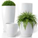 ZMTECH 24/21/12/10" H Large Plastic Planters with Drainage Hole and Saucer -Set of 4 Tall Plant Pots for Indoor & Outdoor Use,White Glossy Smooth Lightweight Flower Pot for Front Porch Patio Deck