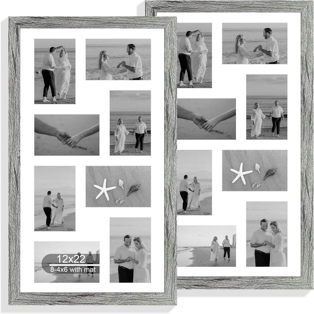 Hongkee 12x22 Picture Frame Set of 2, Grey with Glass Collage Frame, Display Eight Opening 4x6 Photos With Mat or 12 x 22 Newspaper Without Mat - Horizontal or Vertical Wall Mounting, 12x22 in matted to 8-4x6