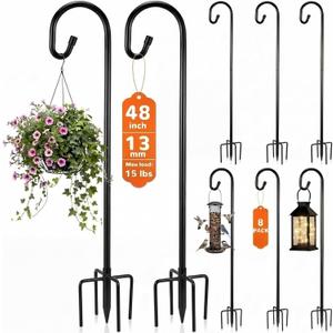 Therwen 8 Pack 48 Inch Heavy Duty Shepherds Hooks for Outdoor 1/2 Inch Thick Adjustable Rust Resistant Shepherds Hooks with 5 Prong Base Metal Bird Feeder Pole for Hanging, Plants, Solar Lights, Black