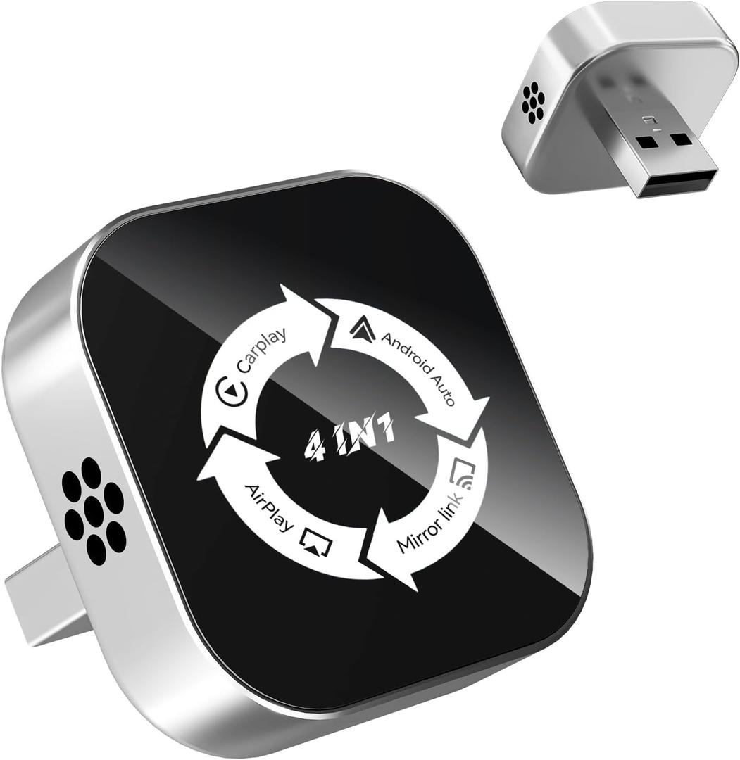 4 in 1 Screen Mirroring Wireless CarPlay Adapte, 2026 Upgraded Wired to Wireless for Apple CarPlay & Android Auto & AirPlay & MirrorLink, Mini USB Car Play Adapter with Type-C Extension, Plug and Play (Silver)