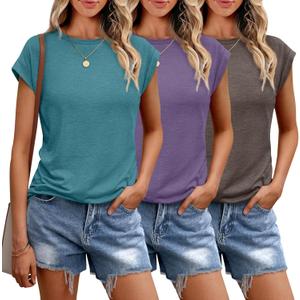 SUNBS 3 Pack Womens Summer Tops Cap Sleeve T Shirts Business Causal Dressy Basic Tee Fashion Trendy Cute Outfits 2025 (Small, Bluegreen/Purple/Coffeegrey)