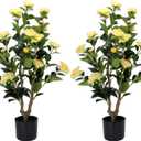 Artificial Camellia Tree 2 Pack - Realistic Camellia Plants in Pot with Yellow Flowers, Lifelike Faux Greenery for Living Room, Patio, or Wedding, Yellow