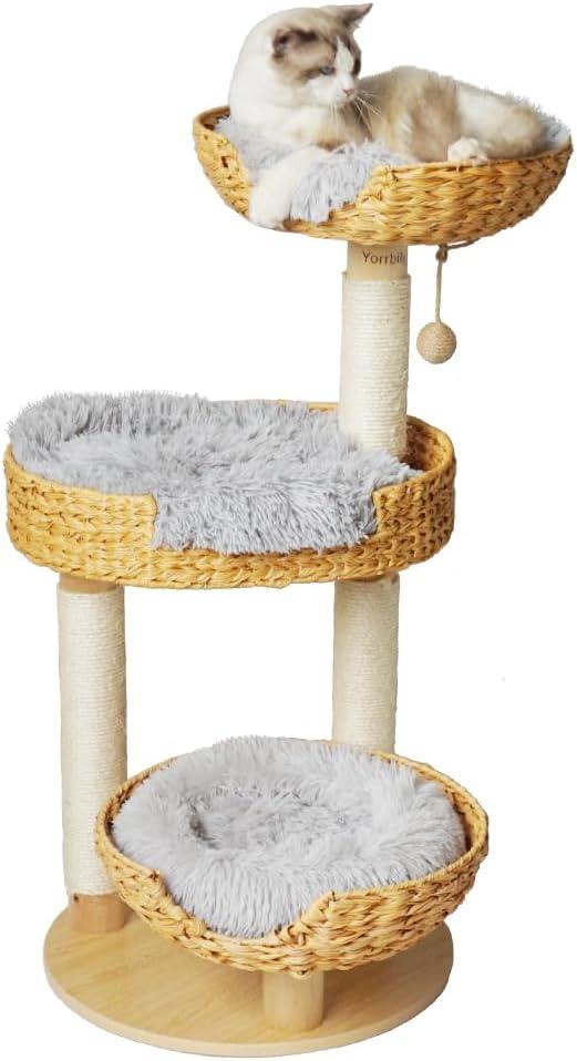 Cat Tree 39 Inches Cat Tower with Sisal Covered Scratching Real Wood Post, Handwoven PE Rattan 3 Baskets perches with Cozy Cushion, Cat Climbing, Cat Scratching Post (Light Gray Cushion)