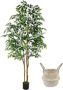 Artificial Ficus Tree, 7ft Silk Fake Ficus Leaves Plant with Basket, Indoor Outdoor Faux Green Tree for Home Garden Office House Livingroom Décor
