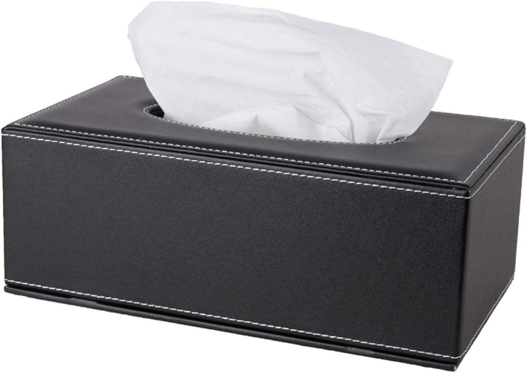 High-end Fashion PU Leather Tissue Box Holder Black with lid, Rectangular Napkin Facial Tissues Holder Dispenser,Home Office Car Tissue Box Cover Decorative Container with Magnetic Bottom (Black)
