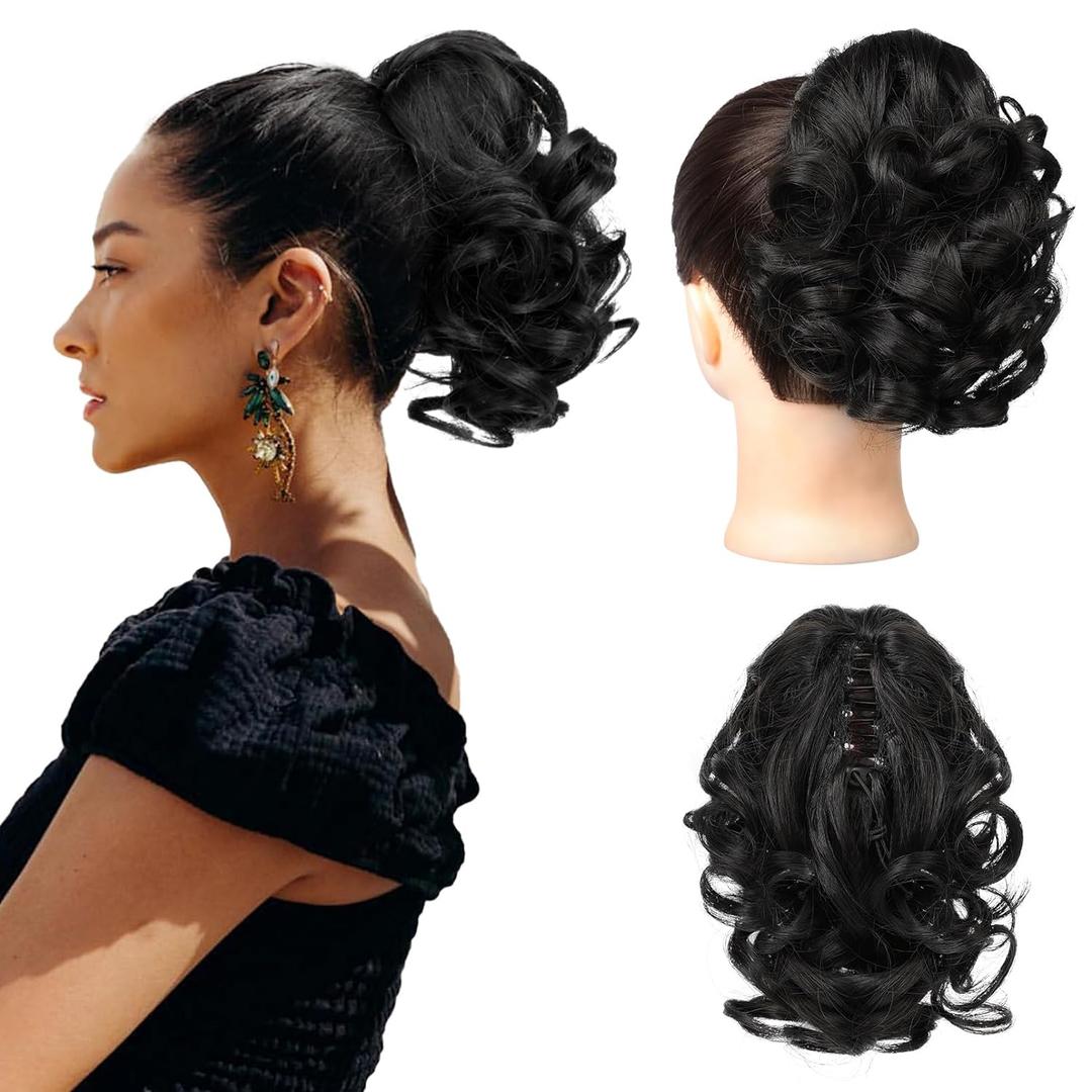 REECHO Ponytail Extension, 9" Short Curly Wavy Claw Clip Pony tails Hair Extensions HP001 Hairpieces for Women - Black