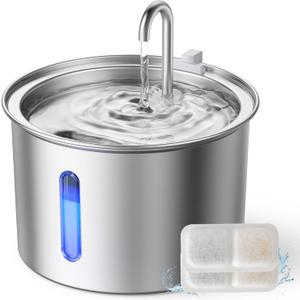 oneisall Stainless Steel Cat Water Fountain, 2L Water Fountains for Cats Indoor with Quiet Pump and 2 Replacement Filters, Pet Water Fountain Faucet Spout Design Cat Fountain Drinking Inside, PWF 001