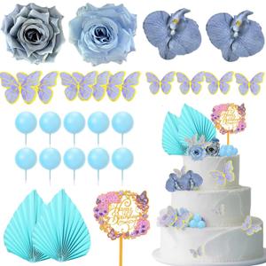 27PCS Flower Cake Toppers Butterfly Cake Decorations Happy Birthday Cake Toppers with Artificial Pink Rose Flowers Eucalyptus Butterflies for Girls Birthday Party Wedding Baby Shower Supplies (Blue)