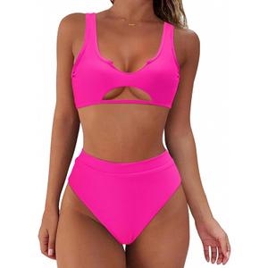 SUUKSESS Women Cutout Bikini Sets Push Up High Waisted Swimsuits 2 Piece (6-8, Pink) L