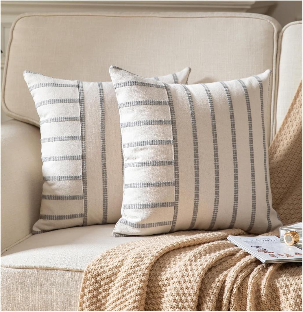 Caflife Boho Throw Pillow Covers 18x18 Set of 2 Soft Farmhouse Decorative Couch Pillow Cases Grey Striped Pillow Covers Neutral Cushion Covers for Sofa Bed Living Room Home Decor