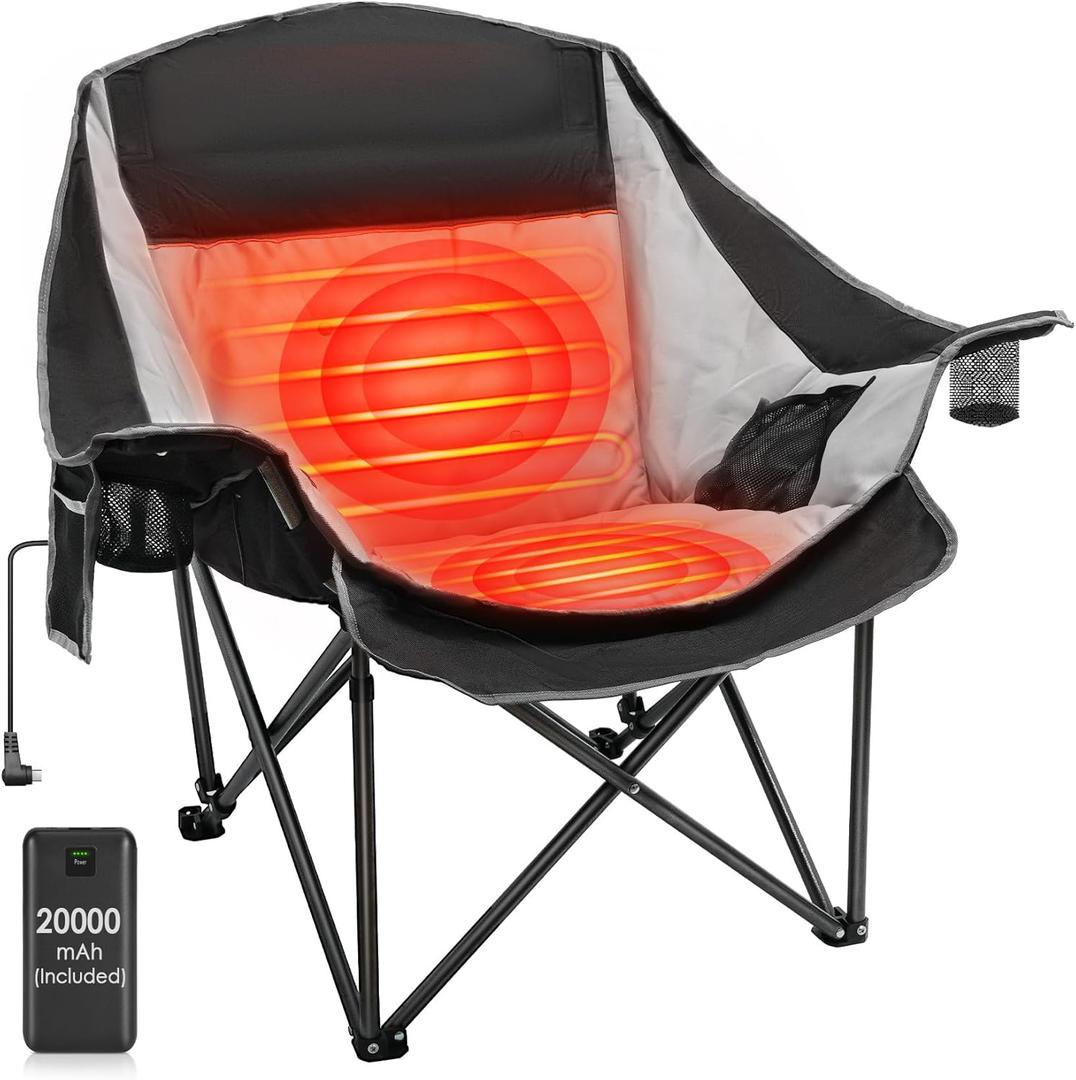 Suteck Heated Camping Chair with 20000mAh Battery, Oversized Heated Chairs W/3 Heat Levels & 2 Heating Zones, Portable Heated Folding Chair Use for Outdoor Sports, Camping, Lawn