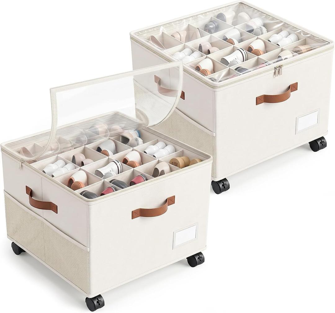 Shoe Organizer for Closet with Wheels - 2 Pack Shoe Storage Box Bin Cubes | Detachable Wheels | Fits 32 Pairs | Adjustable Dividers | Side Pockets | Clear Cover | Foldable | Stackable | Label Holder