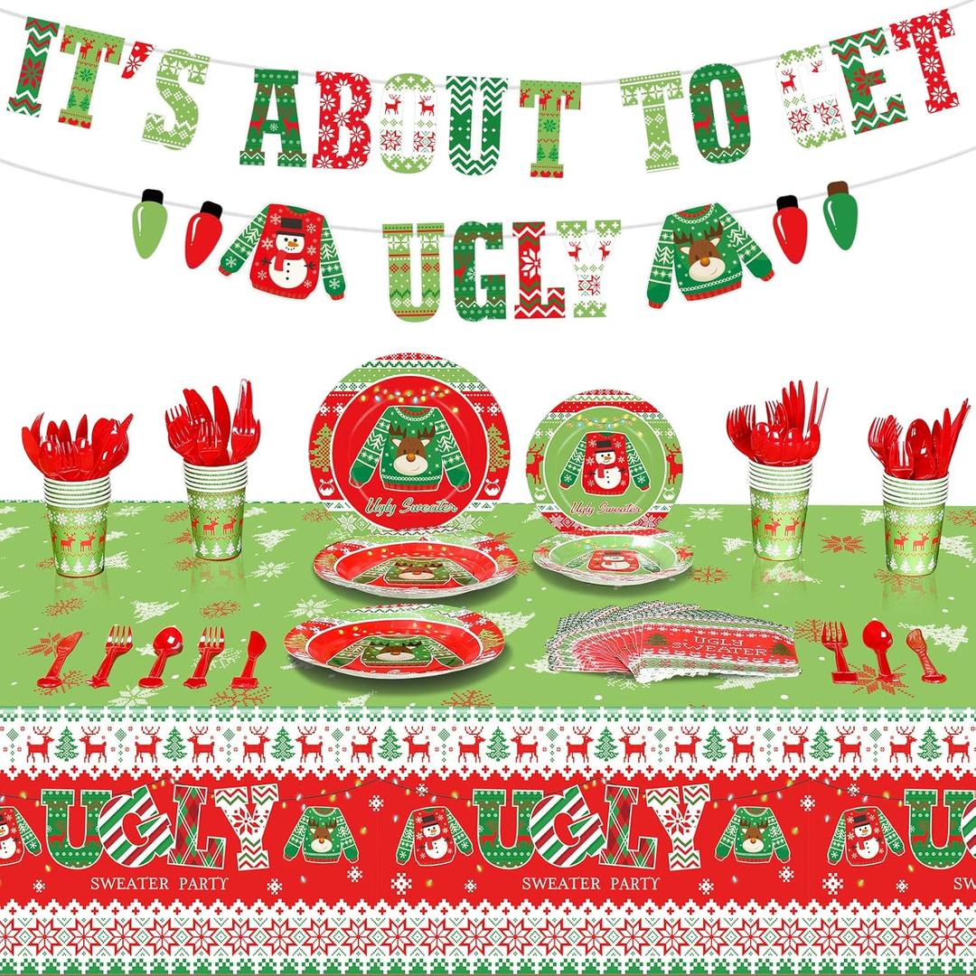 172 Christmas Ugly Sweater Decorations Xmas Disposable Dinnerware Set Party Supplies with Includes Paper Plates Cups Napkins Knifes Forks Spoons Tablecloths It's About to Get Ugly Banner, Serves 24