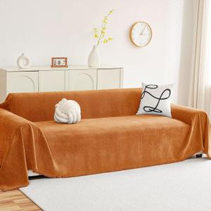 hyha Couch Cover for Dogs, Boho Sofa Covers for 3 Cushion Couch Washable, Chenille Sofa Slipcover for Pets, Soft Loveseat Sectional Couch Throw Blankets with Tassels (Orange, 88.5x118 Inch)