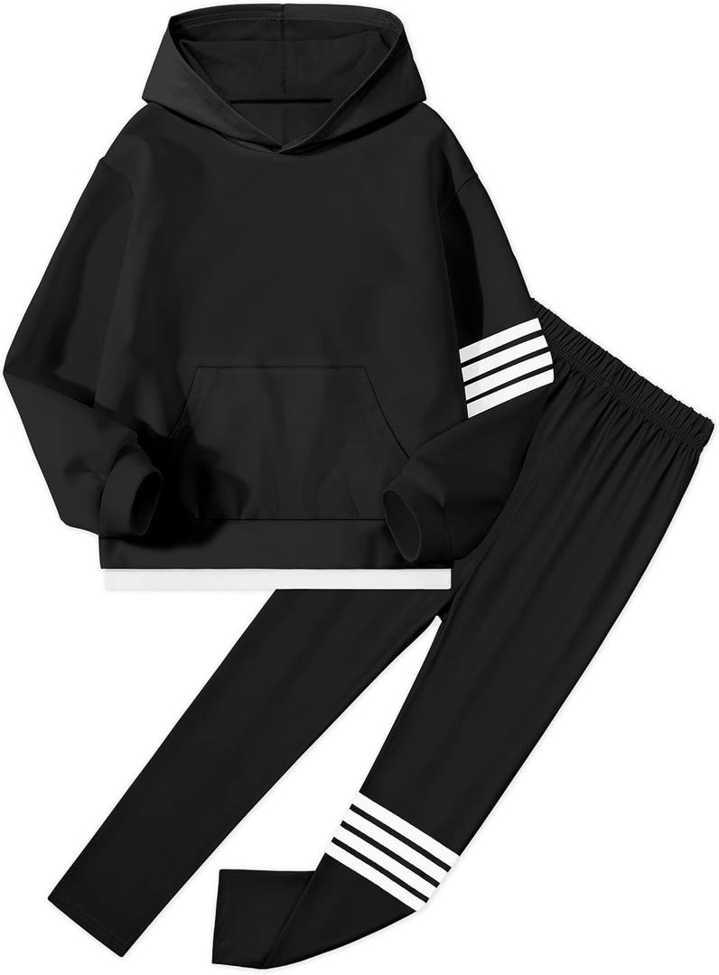 NECIOUS Girls Clothes Size 7 8 Girls Fall Outfits Winter 2 Piece Fashion Contrast Stripes Black Hoodie Tops Leggings Pants Kids Clothing Sets (Black)