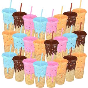 Yungyan 24 Pcs Ice Cream Drip Party Favors Ice Cream Party Decorations Cone Cups with Lid and Straw 24 oz for Summer Birthday Supplies