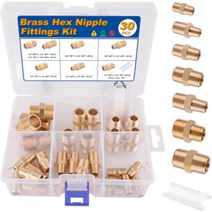 KOOTANS 30PCS Brass Pipe Fittings Hex Nipple Kit 1/8" to 1/8", 1/4" to 1/8", 1/4" to 1/4", 3/8" to 1/4", 3/8" to 3/8", 1/2" to 3/8", 1/2" to 1/2" NPT Male Adapter Pipe Fitting Brass Nipple Connector