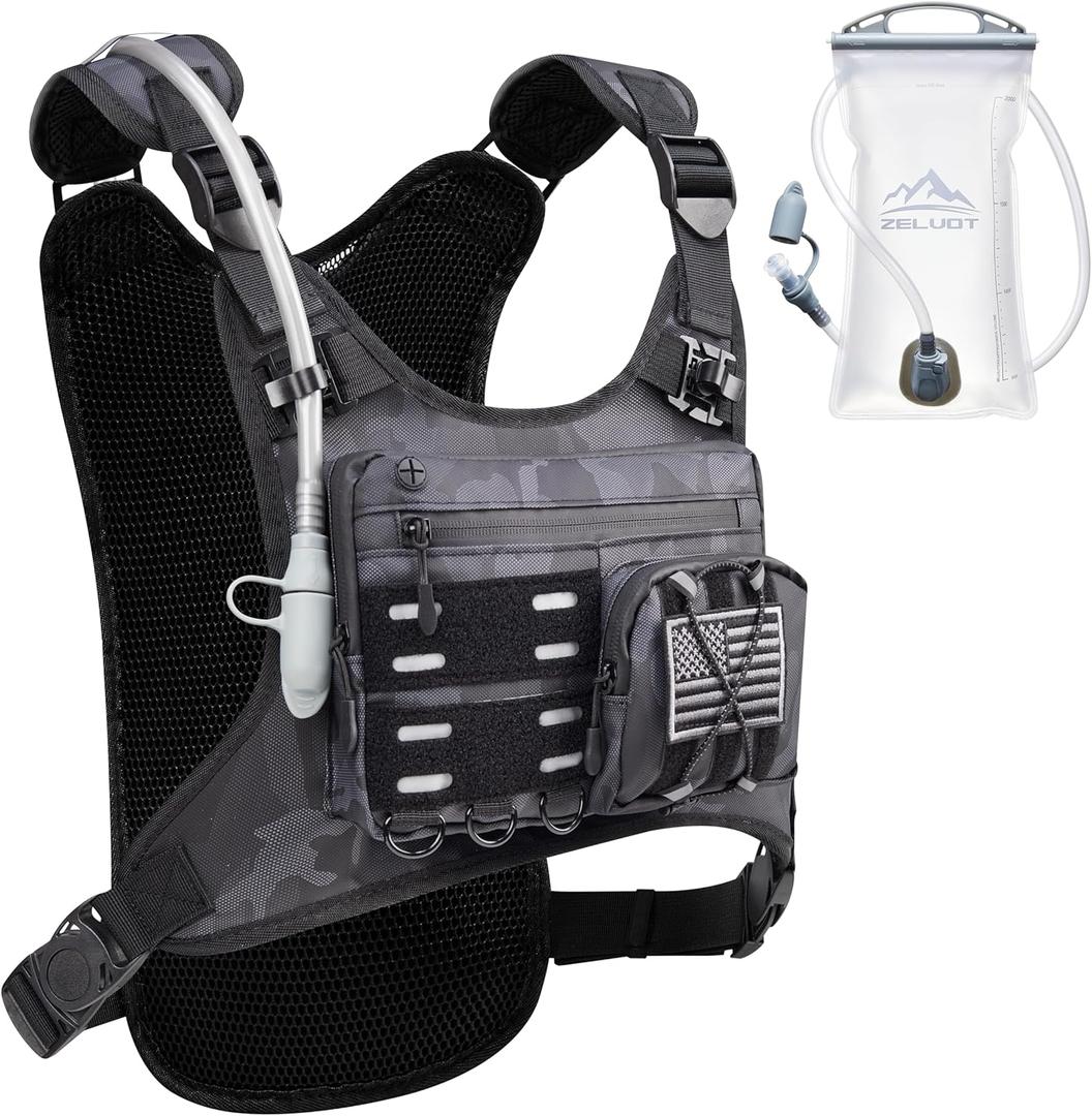 Running Vest with 2L Water Bladder, Hydration Backpack, USA Original Patent, Lightweight Hydration Pack with Gear Holder, Reflective Chest Pack for Men Women for Marathon (Medium-Large, Black Camo)