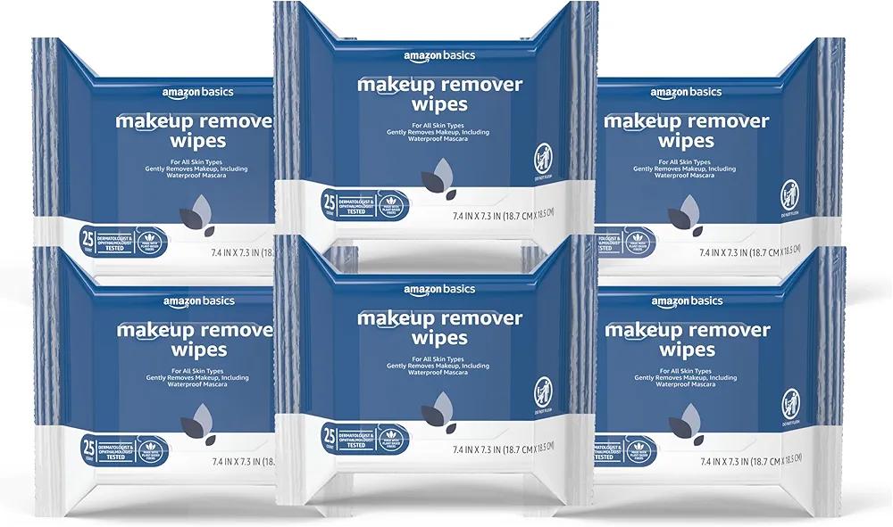 Amazon Basics Makeup Remover Wipes, Gentle Cleansing, Dermatologist Tested, Original, Plant Based, Alcohol-Free, Removes Waterproof Mascara, pH Balanced, 25 Count, 6-Pack