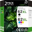 62XL High Yield Ink Cartridges Combo Pack (1 Black/1 TriColor 2Pack) Compatible for HP 62XL 62 Replacement for HP Envy 5540 5640 5660 7644 OfficeJet 5740 5741 8040 200 250 Series Printers