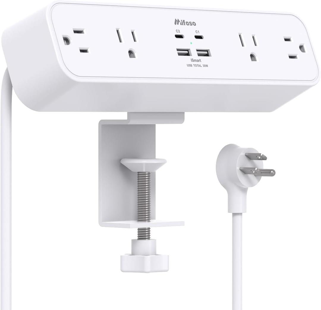 PD30W Desk Clamp Power Strip, Desktop Mount Surge Protector, Fast Charging Station, 5Ft Extension Cord Desk Edge Mount Shelf with 4 Outlets 4 USB Ports (2 USB C), Home Office Accessories Essentials (White)