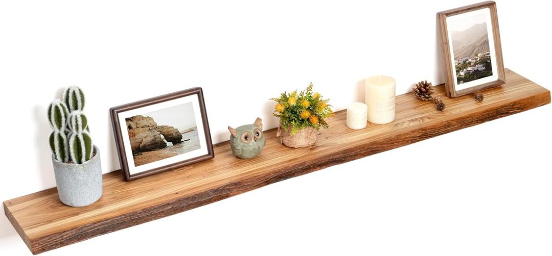 Floating Shelves for Wall Decor, Rustic Solid Elm Wood Floating Shelves Wall Mounted, Wall Shelves with Invisible Bracket for Living Room Bathroom Bedroom Kitchen, 55 Inch, Natural (Live Edge, 55inch, 1Pack)