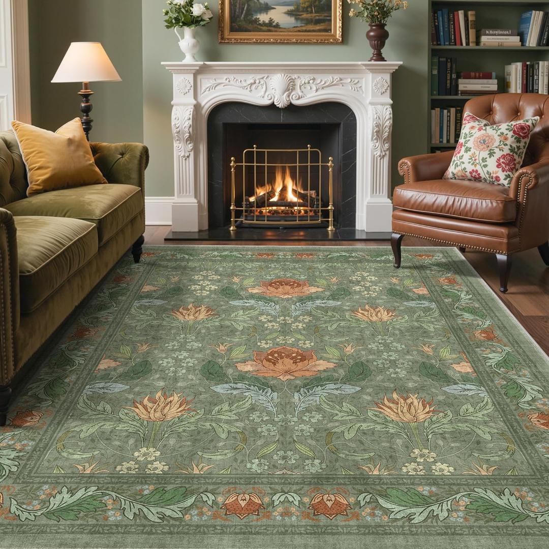Bavni 8x10 Area Rugs for Living Room, Microfiber Machine Washable Non-Slip Vintage Floral Rug, Low Pile Lightweight Carpet for Bedroom, Dining Room, Home Office, Bean Green