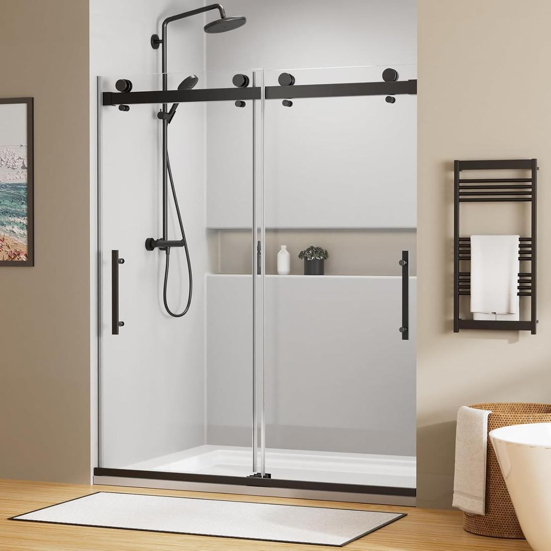 Shower Door,60" W x 74" H Frameless Shower Door, Double Sliding Shower Door with Premium 1/4" (6mm) Thick Tempered Glass, Stainless Steel, Matte Black