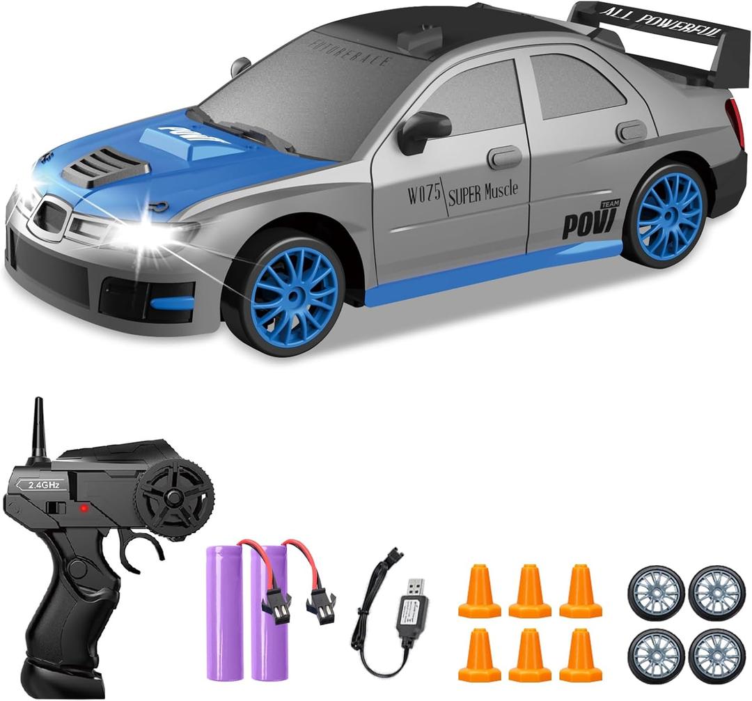 Remote Control Car, 1/24 2.4GHz 4WD RC Drift Car High Speed RC Cars Racing Cars with Cool Lights, Two Rechargeable Batteries and Extra Tires Toy Car for Kids Boys Adults