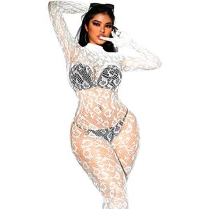 Sexy Lace Leopard Jumpsuit For Women, Fishnet Bodysuit Glow Party Club, Poster One Piece Mesh Full Body Rave Outfits (White)