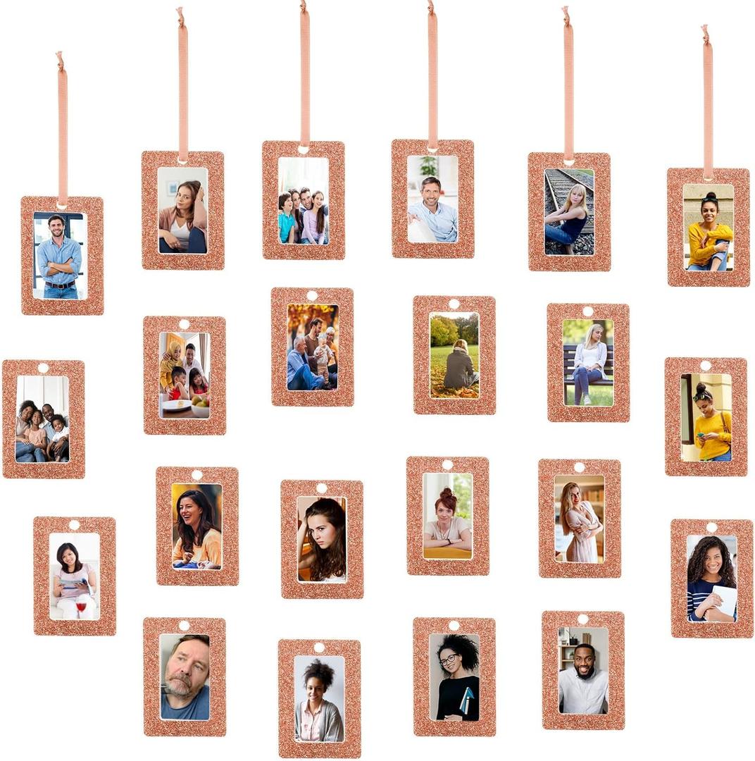 Queekay 48 Pieces Christmas Photo Ornament Frames 2 x 3 Inch Hanging Picture Xmas Gifts Glitter Mini Frames with Ribbon DIY Crafts Hanging on Christmas Trees Easter Wedding Decorations(Rose Gold)