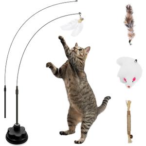 Suction Cup Cat Toys for Indoor Cats,3 in 1 Interactive cat Toys for Indoor Cats,Self Play or Handheld,Feathers & Bells,Realistic Toy Mouse and Silvervine SticksBlack