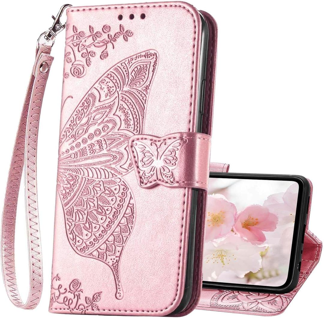 for Samsung Galaxy A16 5G Phone Case Wallet,Women Flip Cover with Credit Card Holders Butterfly Embossed PU Leather Stand Wrist Strap Purse Protective Case (Rose Gold)