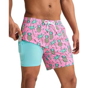 maamgic Mens Swim Trunks with Compression Liner 5 Inch, Quick Dry Bathing Suit with Zipper Pockets, No-Chafing Swim Shorts, Pineapple, Large