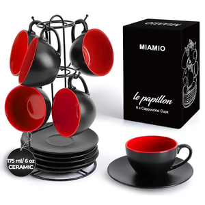 MIAMIO - Set of 6, Ceramic Stackable Cappuccino Cups Set / 6 Ounce Cappuccino Mugs and Saucer with Metal Stand for Coffee Drinks, Cafe, Latte, Americano and Tea - Le Papillon Collection (Red)