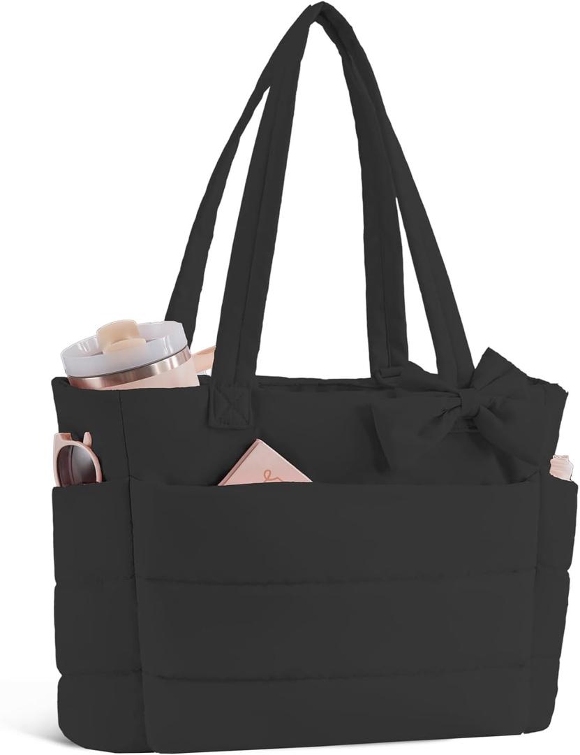Puffer Tote Bag for Women, Quilted Bow Tote Bag with Cup Holder & 15.6 In Laptop Compartment for Work, Travel, Gym, College (Black)
